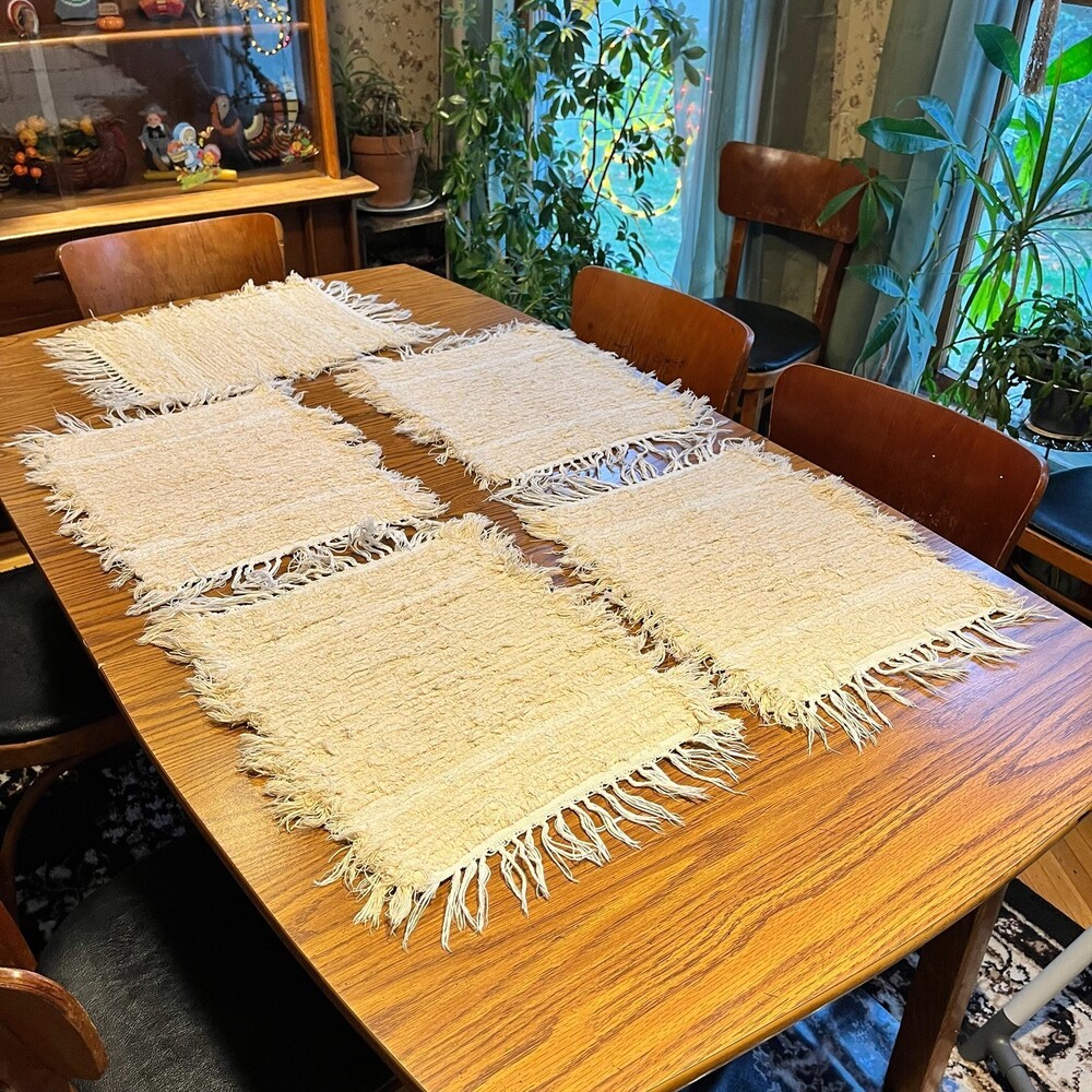 VTG Woven Rag Placemats Set 5 Farmhouse 17" Primitive Table Linens Rustic Loom